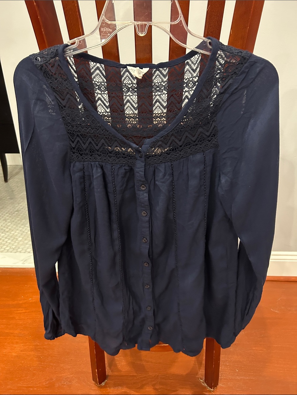 Aeropostale Navy Crochet Yoke Button-Front Blouse